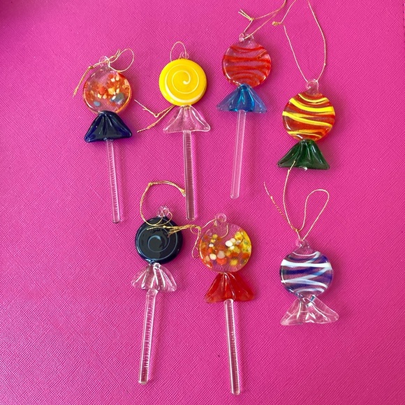 Vintage hand blown glass lollipop ornaments set of 5 plus 2 w stick missing - Picture 1 of 8